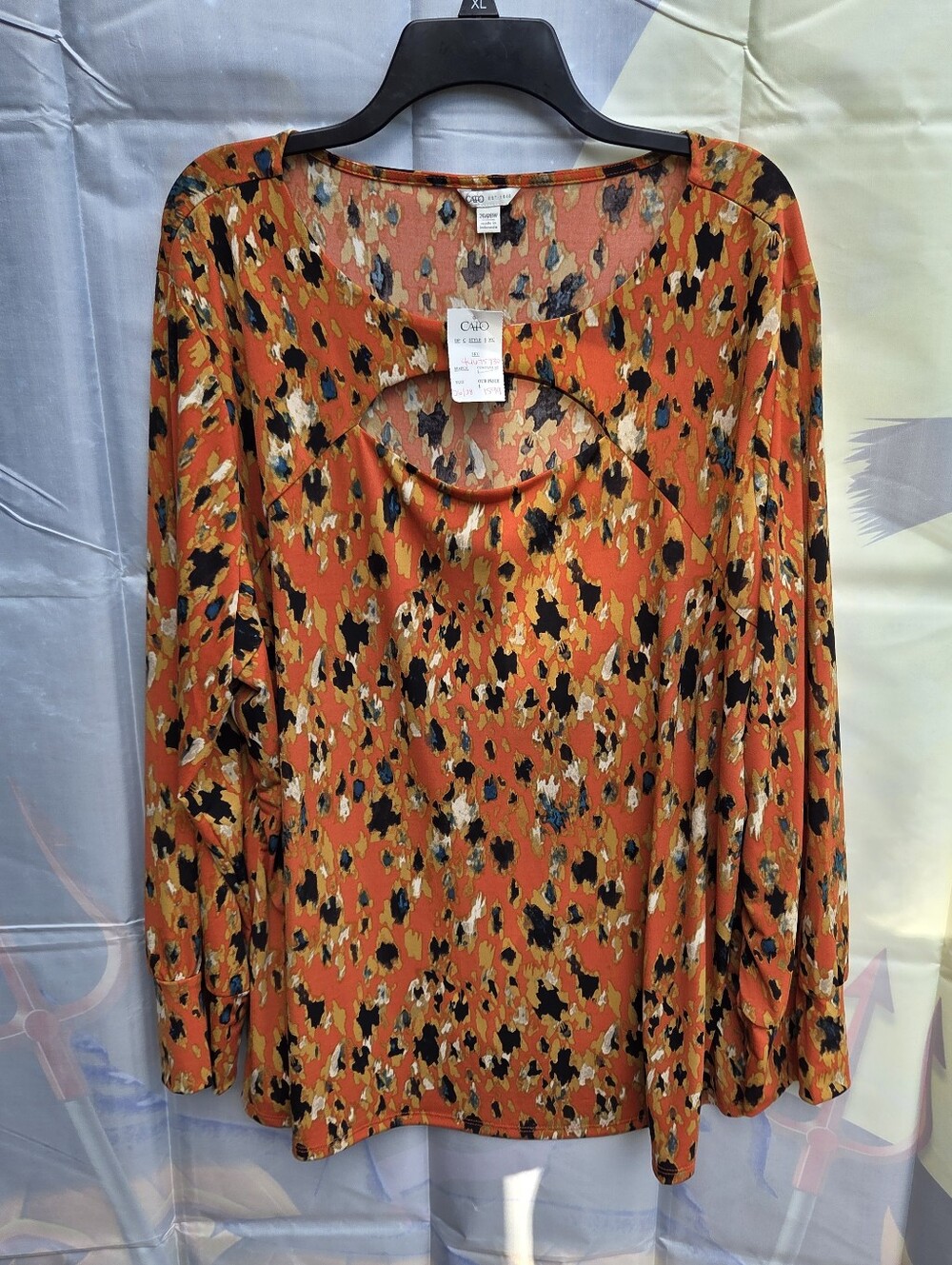 Cato Orange Black Abstract Keyhole Long Sleeve Top